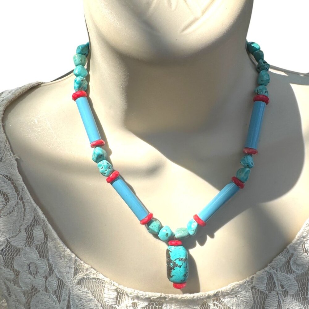 Vintage Native American Turquoise & Coral Beaded Necklace W Center Stone Pendant - Picture 3 of 8